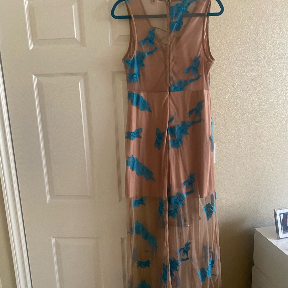 Sheer Tan Dress with Blue Floral Accents